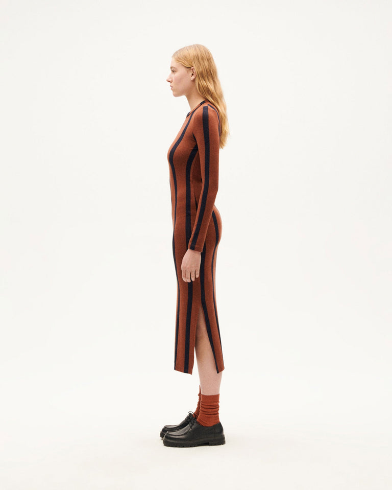 Vestido marrón rayas navy Gina sostenible-1