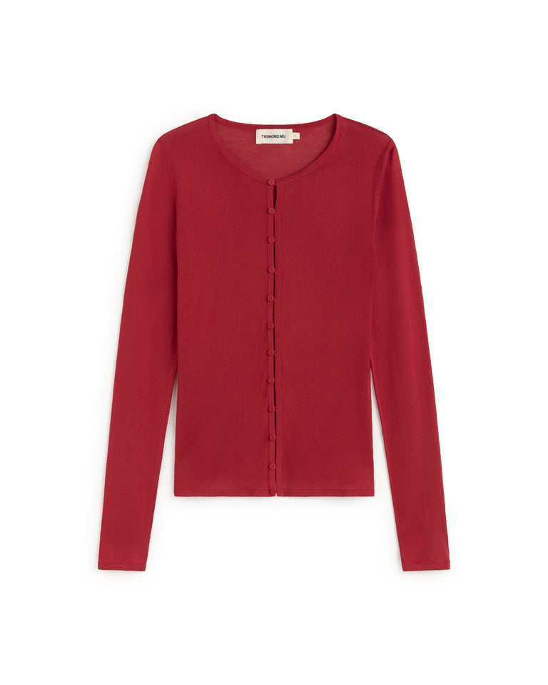 Cardigan punto rojo transparente Manon sostenible silueta - 1