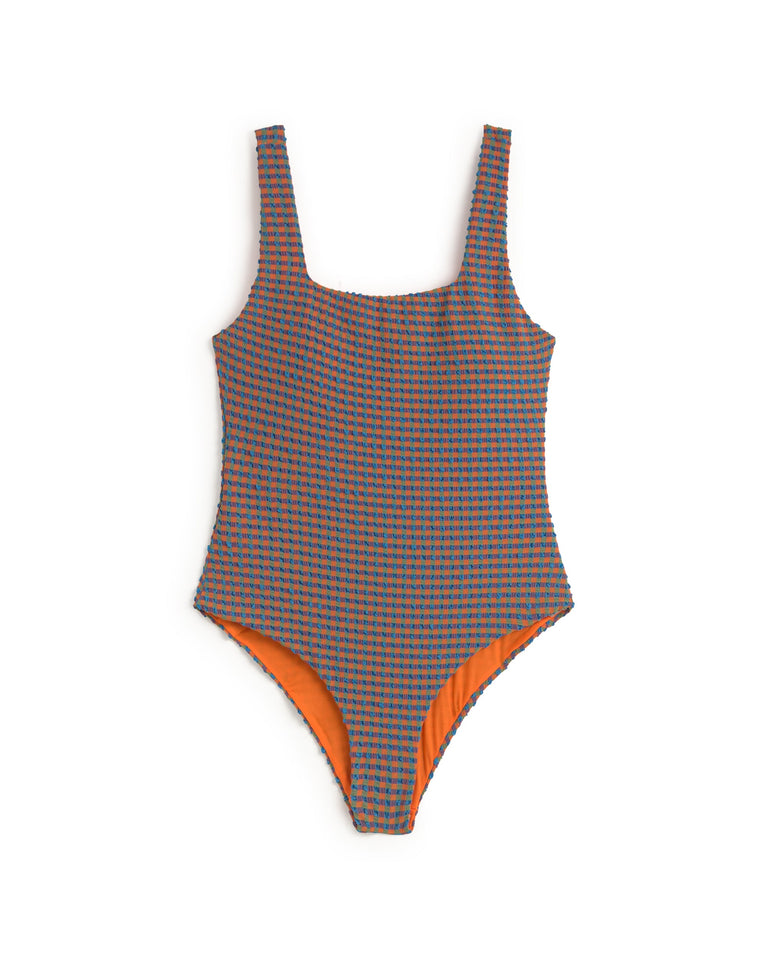 Bañador seersucker naranja y azul Amalfi sostenible silueta - 1